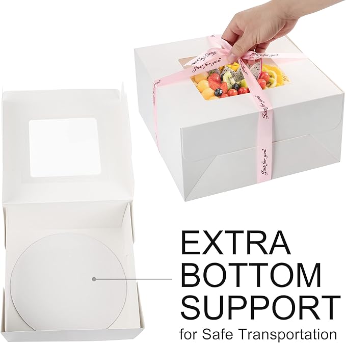 LotFancy Cake Boxes, 10 x 10 x 5 inch, 30 Pcs, 15 Disposable Paper Cake Carrier with 15 Round Board, White Bakery Boxes with Window, Treat Box Container for Pie, Donut, Cookie, Pastry