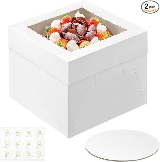 Ocmoiy 2 Sets Cake Boxes with Cake Boards, 10 x 10 x 8 Inches White Bakery Boxes with Window Tall Cake Containers for Wedding Birthday Party