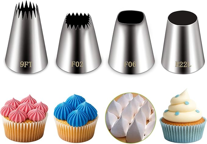 Suuker extra large piping tips set (F02 F06 9FT R22L), stainless steel round piping tip,large star square wide jumbo piping tips,eclair churro meringue for cake cupcake cookie decorating