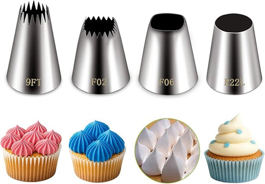 Suuker extra large piping tips set (F02 F06 9FT R22L), stainless steel round piping tip,large star square wide jumbo piping tips,eclair churro meringue for cake cupcake cookie decorating