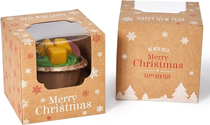 Kraft Brown Cupcake Boxes Christmas Individual with White Christmas Trees and Red Snowflakes 200 Pack for Holiday Gift