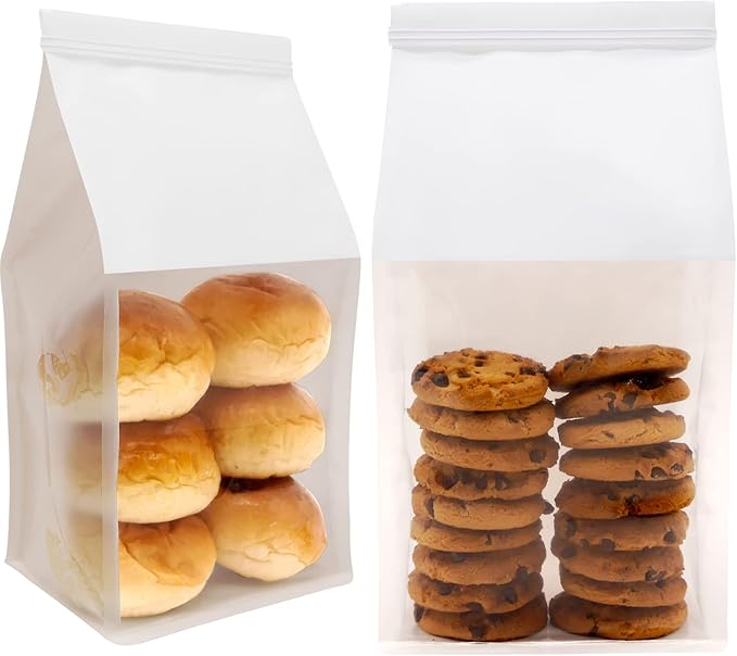 25Pcs 5.1x4.3x11 Inche Extra Thick Paper Bread Bags for Homemade with Window & Twist Tie - Ideal for Sourdough Bread, Bakery, Baked Goods, Pastry & Cookie Packaging, White Kraft, Flat Bottom
