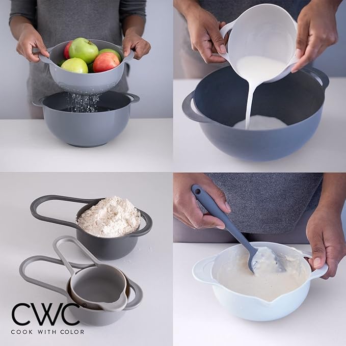 COOK WITH COLOR Nesting Bowls with Measuring Cups Colander and Sifter Set - Includes Mixing Bowls, Colander, Sifter and Measuring Cups, Gray, 8 Pc Bowl