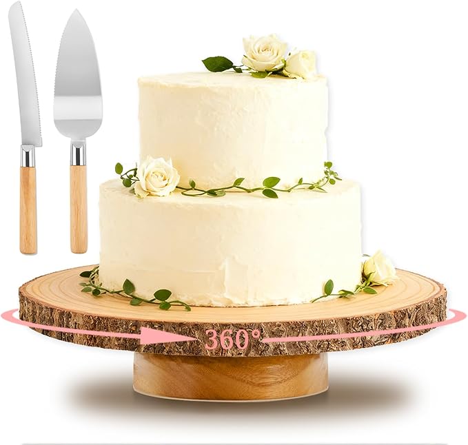 12" Cake Stand Rotating,Round Cake Holder with Cake Cutting Set,Wooden Cake Plate Display Stand for Party/Wedding/Birthday/Cupcake Decorating Supplies