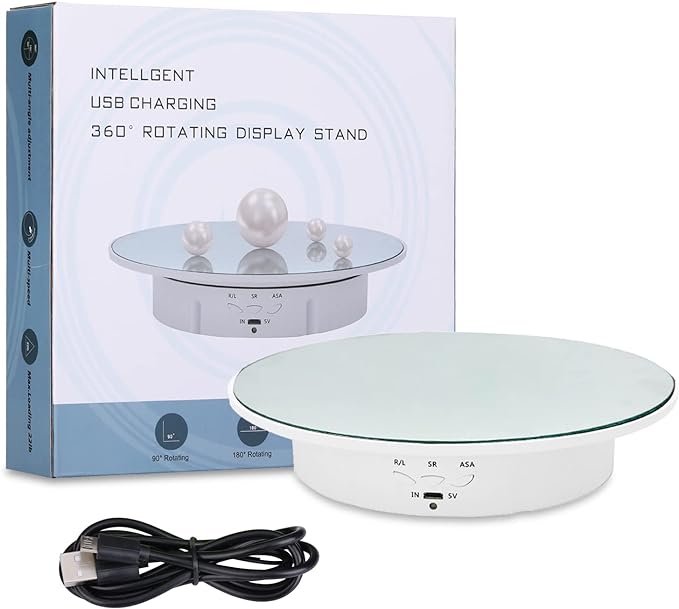 JAYEGT Motorized Rotating Display Stand, 7.87inch /17.6lbs Load, 360 Degree Electric Rotating Turntable for Photography Products, Jewelry, Cake,3D Model , Mirror Cover (White, 7.87inch/Button Control)