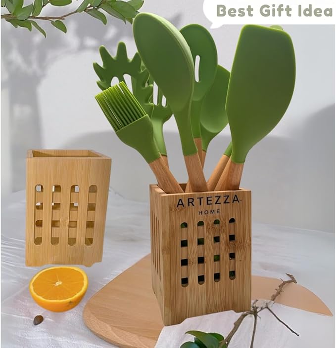 Premium Silicone Kitchen Utensil Set –10-Piece Cooking Tools with Wooden Handles and Bamboo Holder, Nonstick Safe, Heat Resistant, BPA-Free, Gift for Home or Housewarming (Green Set -10pcs)
