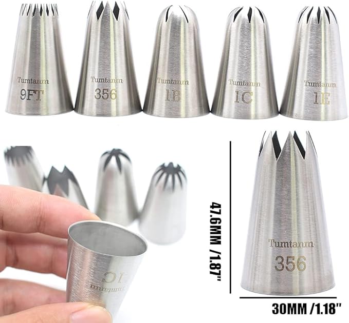 5 Pack Extra Large Piping Nozzles, 9FT 1B 1C 1E 356# Seamless Stainless Steel Piping Icing Tips for Cupcake