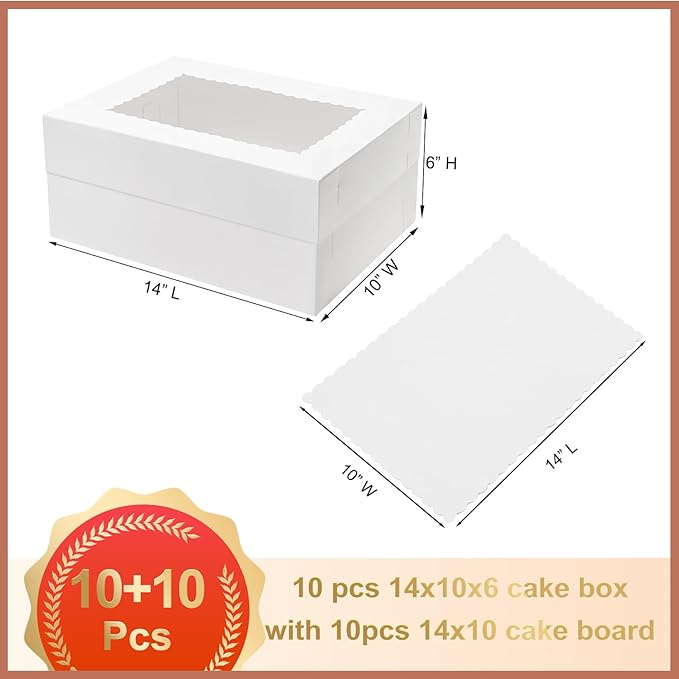 10pcs 14x10x6 Quarter Sheet Cake Boxes with 10 pcs Cake Boards - Rectangle Bakery Boxes with Window for Pastry Baking, Cupcakes, Donuts, Cookies, Pie Treat Packaging White Large