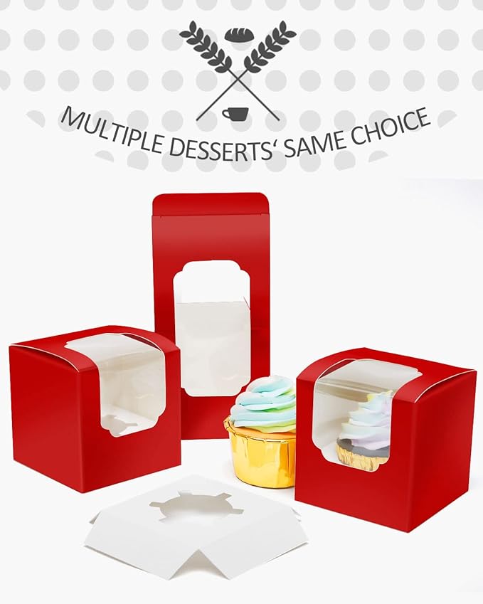 qiqee Red Cupcake Boxes Individual Cupcake Container 60pcs 3.5" x 3.5" x 3.5" Auto-Popup Single Cupcake Boxes (60 Boxes+60 Inserts)