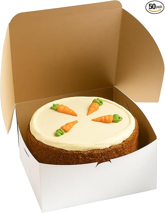 Reversible Bakery Boxes 12 x 12 x 6 in, No Window Lock Corner Tall Cake Boxes with Front Tuck Lock & Side Clips, Ideal for Layer Cakes, Kraft or White Exterior, Microwavable, 50 Pack