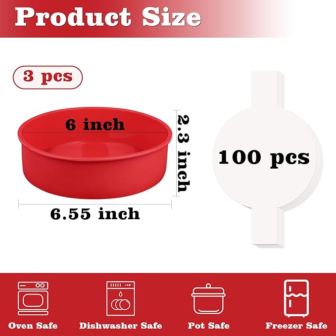 HUAKENER 6 Inch Round Cake Pan, 3 Pack Silicone Cake Molds with 100 Pieces Parchment Paper, Nonstick Cake Molds for Smash Cakes, Layer Cakes, Cheese Caks, Chocolate Cakes