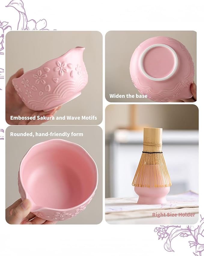 Matcha Whisk Set 9 Pcs – Matcha Bowl, Whisk, Sifter, Spoon, Gift Card ane Portable Carry Bag for Latte Travel,Gift for Matcha Lovers (Pink)