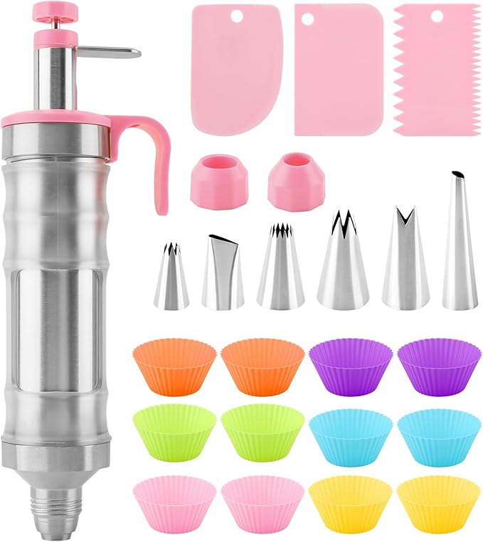 Dessert Decorating Syringes Set, Frosting Piping Kit Stainless Steels Cake Decorating Tool with 6 Piping Tips & 12 silicone cupcakes, Frosting Filling Injector Cake Icing Tools