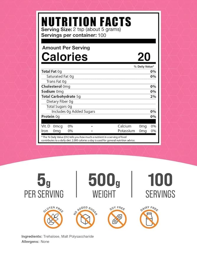 BulkSupplements.com Trehalose Powder - Natural Sweetener, Trehalose Sugar Substitute - Vegan & Gluten Free, 5g per Serving, 500g (1.1 lbs) (Pack of 1)