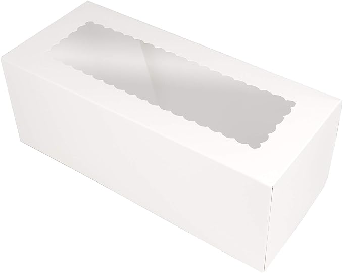 O'CREME White Rectangular Cake Box 14 Inch x 6 Inch x 5 Inch High with Scalloped Window - Pack of 25