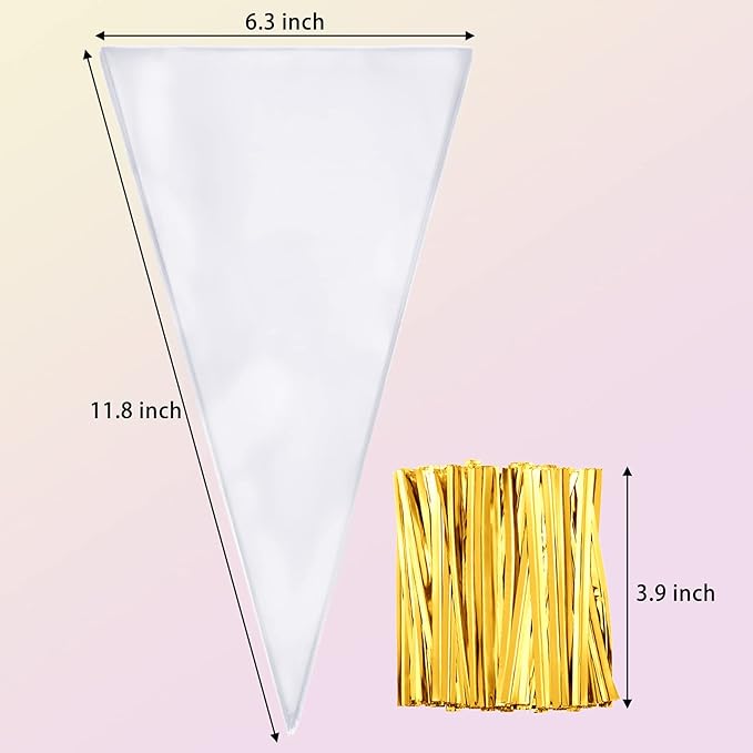 Outus 100 Pcs 7 x 12 Inch Cone Shaped Clear Cello Cellophane Treat Bags Medium Transparent Cone Cello Sweet Treat Bags with 100 Pieces Twist Ties for Party Favor(Gold Twist Ties)