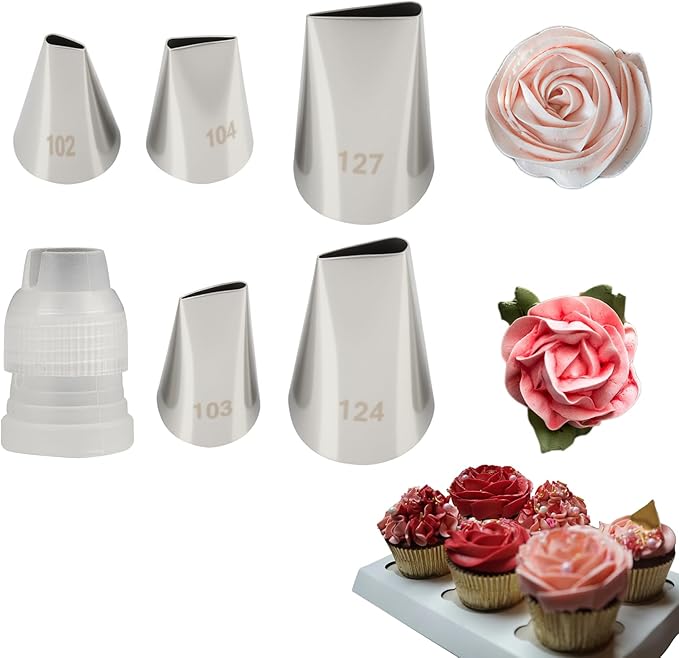 6 Pcs Flower Piping Tips Set with Coupler Petal & Rose Piping Tips 102, 103, 104, 124, 127, for Cake Decorating, Floral Designs, Small Roses, Bows, Ruffles & More (102 103 104 124 127)