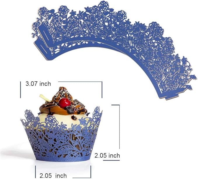 YOZATIA 60pcs Navy Blue Rose Lace Cupcake Wrappers Holders, Laser Cut Cupcake Liners Decorative Liners for Wedding Party Birthday Cake Decoration Supplies