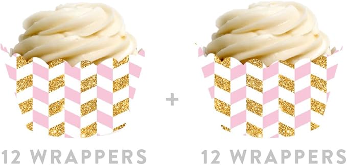 Andaz Press Party Cupcake Wrapper Decorations, Pink and Gold Glitter Houndstooth, 24-Pack, Theme Colored Bulk Cake Supplies, Girl Baby Shower 1st Birthday