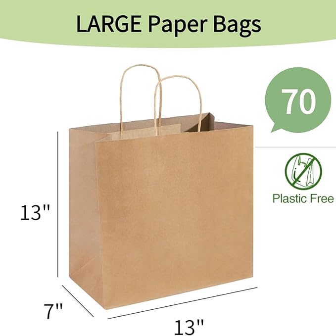 PAICUIKE 70Pcs Large Brown Paper Bags with Handles, 13x7x13 Inch Gift Bags for Business, Shopping, Party, Wedding & Birthday | Natural Brown Kraft Bags for Retail, Merchandise & Events