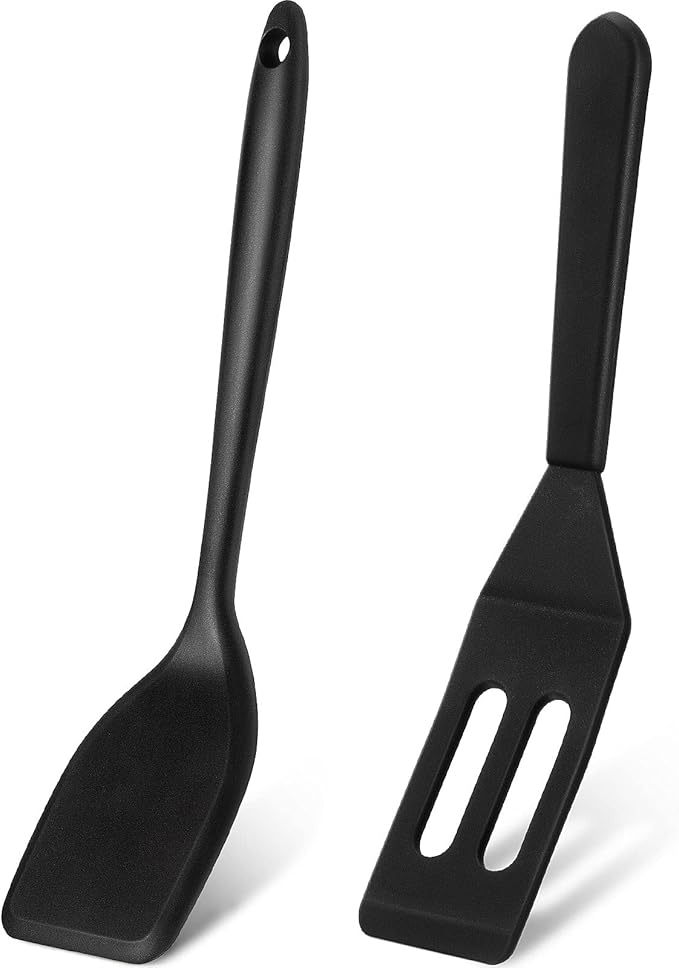 Patelai Mini Silicone Brownie Serving Spatula Flexible Nonstick Serve Turner Heat Resistant Cookie Slotted Spatula for Eggs in Small Frying Pan Cookie Batter Lemon Baked(Black,2 Pieces)