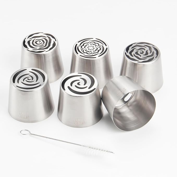 Extra Large Russian Piping Tip Set - 6 Stainless Steel Marshmallow Buttercream Framing Nozzles for 3D Roses Tulip Cake Decorations and Marshmallow Bouquets, Includes 1 Cleaning Brush(6C)