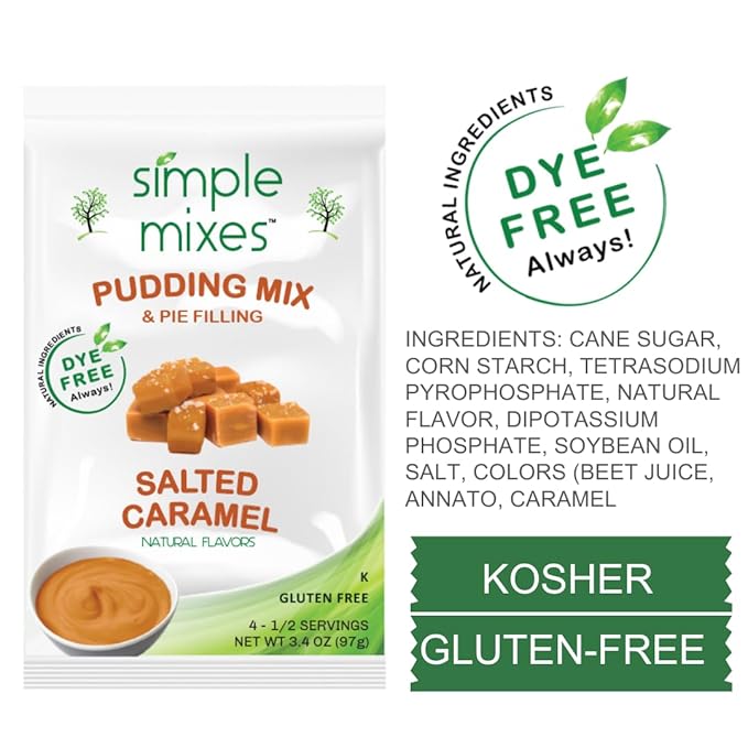 Simple Mixes Natural Instant Pudding & Pie Filling Mix, Healthy Snack, Salted Caramel (Butterscotch), Gluten and Dye-Free, No Fat, or Lactose, Kosher, 3 Pack