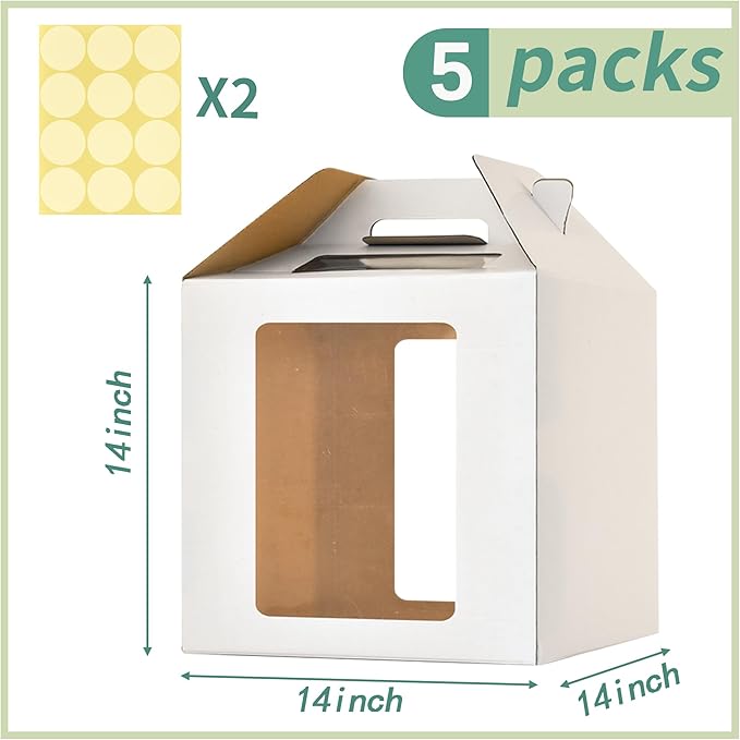 14x14x14 Inch Tall Cake Boxes with windows, 14in Large Tiered Cake Boxes, 5pack 12in Layer Tall Baking Carrier,Disposable Cake Containers