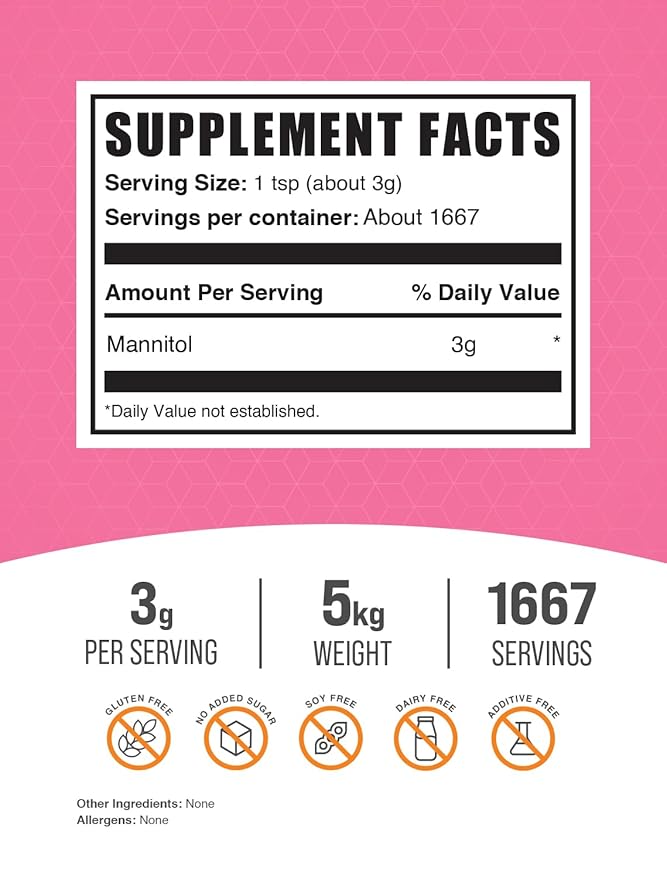 BulkSupplements.com Mannitol Powder - Mannitol Sweetener, Sugar Substitute, Mannitol Supplement, Natural & Gluten Free, 3g per Servings, 5kg (1.1 lbs) (Pack of 5)