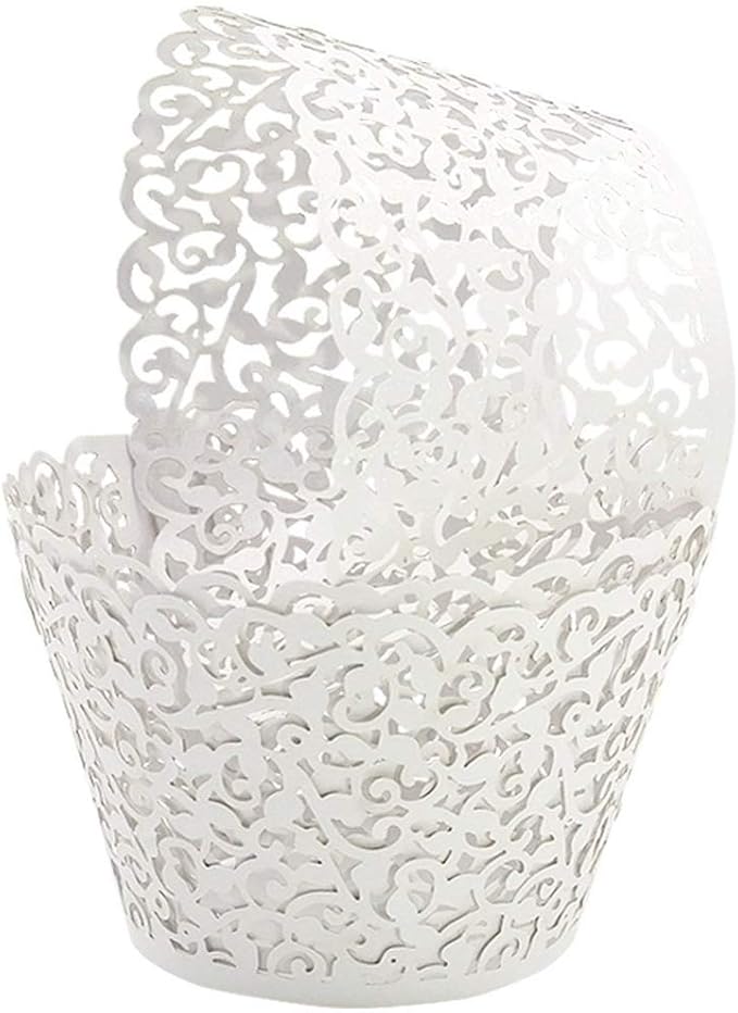 100pcs Cupcake Wrappers Artistic Bake Cake Paper Cups Little Vine Lace Laser Cut Liner Baking Cup Muffin Case Trays for Wedding Party Birthday Decoration (White)