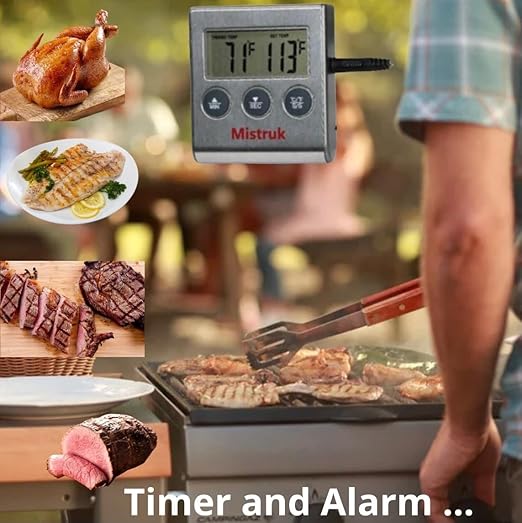 Digital Food Thermometer LCD Digital Screen Clock Timer with Stainless Steel Temperature Probe BBQ Grill Kitchen Meat Thermometer