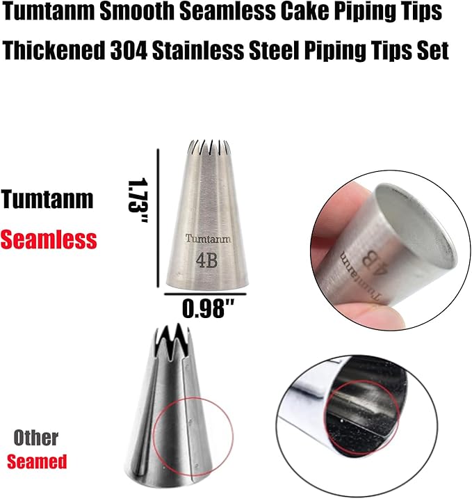 Piping Tips, 4B 3Pcs Large Icing Piping Tips Stainless Steel Seamless Set for Cupcakes Cake Decoration and Baker