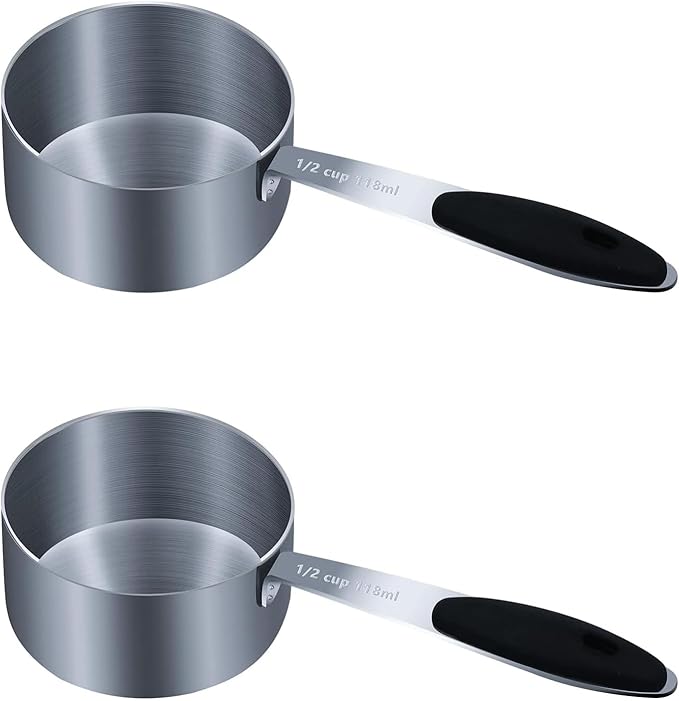 2PCS 1/2Cup (118ml, 4oz) Single Measuring Cup with Black Silicone Grip, Stainless Steel Individual Measure Scoop Only