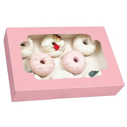 qiqee Auto-pop up Pink Cookie Box with Window 12x8x2.5 inch 18 Packs Two Uses One Second Folding Pastry Biscuit Bakery Box for Packaging