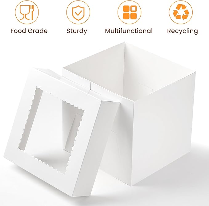 Ocmoiy 4 Sets Cake Boxes, 8 x 8 x 8 Inches White Bakery Boxes with Window Tall Cake Containers for Wedding Birthday Party