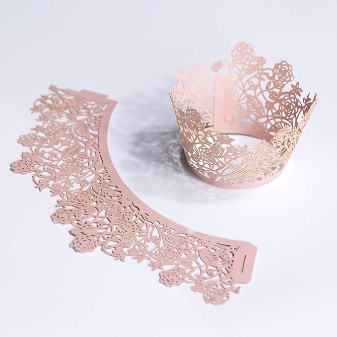 YOZATIA 60pcs Pink Rose Lace Cupcake Wrappers Holders, Laser Cut Cupcake Liners Decorative Liners for Wedding Party Birthday Cake Decoration Supplies