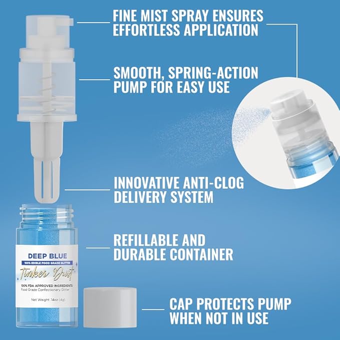Bakell - Deep Blue Tinker Dust (4g, 1x Mini Spray Pump) Edible Glitter for Food, Desserts, and Beverages!