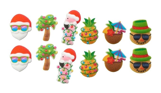 Coconut Drink, Snowman Head, Palm Tree, Flamingo, Santa Clause, and Pineapple Edible Sugar Cake Toppers, 12 Count