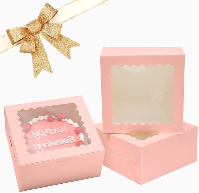 Bakepacker 36pcs 8x8x5 Inches with Window 18-Packs Pink 8 Inch Bakery Boxes (18 Cake Boxes +18 Cake Boards Included)