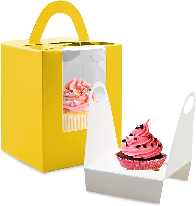 Yellow Cupcake Boxes, 30 Pack - Individual Clear Window Inserts, Handle - Muffin & Pastry Containers