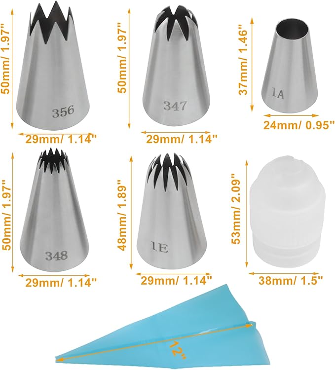 5 Pcs Large Piping Tips (1A 1E 348 347 356), Stainless Steel Frosting Icing Tips with Coupler & 12In Silicone Pastry Bag, Baking Tools for Birthday Cakes/Cupcakes/Cookie