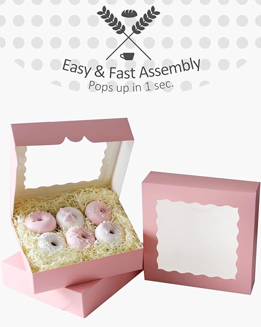 qiqee Auto-pop Up Pink Pastry Box With Window 8x8x2.5 Inch Donut Pie Boxes 30pcs Bakery Box