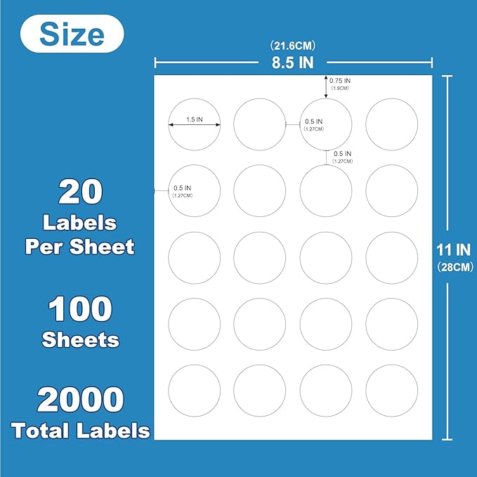 1.5" Round Sticker Labels - White Printable Sheets, Circle Stickers - 100 Sheets | 2000 Labels (HB-C020)