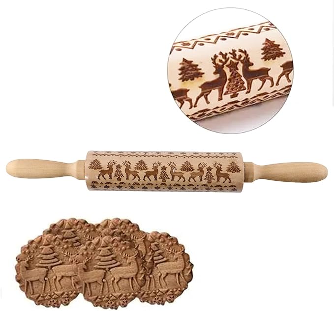 4Pack Christmas Wooden 3D Rolling Pins Embossed, Embossing Rolling Pin with Engraved Christmas Themed Symbols for Baking Embossed Cookies,Rolling Pin Kitchen Tool(14 in)