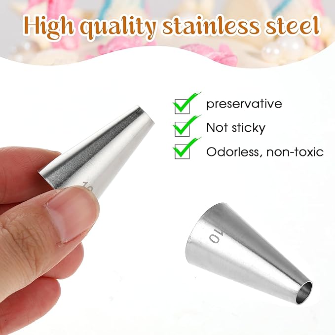 7 Pcs Round Hole Piping Tips Set Stainless Steel Cupcake Frosting Nozzles Cake Decorating Tool Russian Pastry Icing Dispensers Supplies for Baking Cookies Puff Doughnut Cream Bag Filler