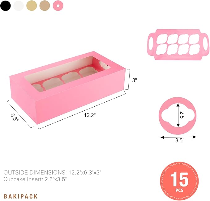 15 Pink Cupcake Boxes 8 Count with Window and Inserts, Cupcake Containers, Mother's Day Cupcake Boxes for Cupcakes, Muffins, Cookies
