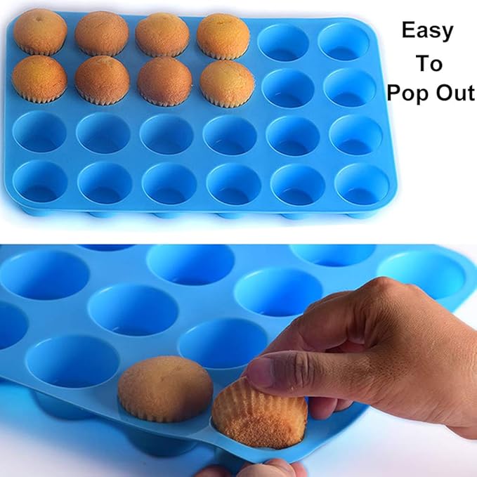 Qtopun Silicone Mini Muffin Pan, 4 Pack 24 Cups Silicone Mold Cups Baking Pan, Silicone Muffin Tins Baking Moulds-Blue