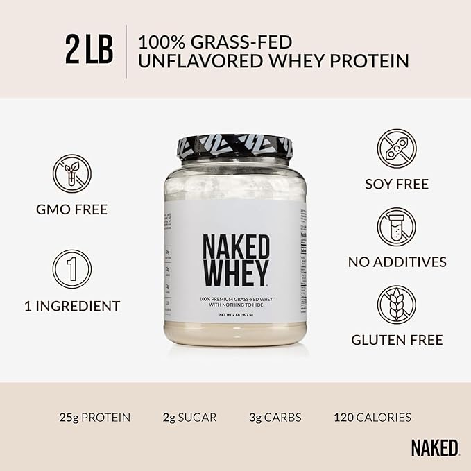 NAKED Whey 2LB 100% Grass Fed Whey Protein Powder - Only 1 Ingredient, Unflavored Whey Protein, Undenatured, Gluten Free, Soy Free, No GMOs, No Preservatives