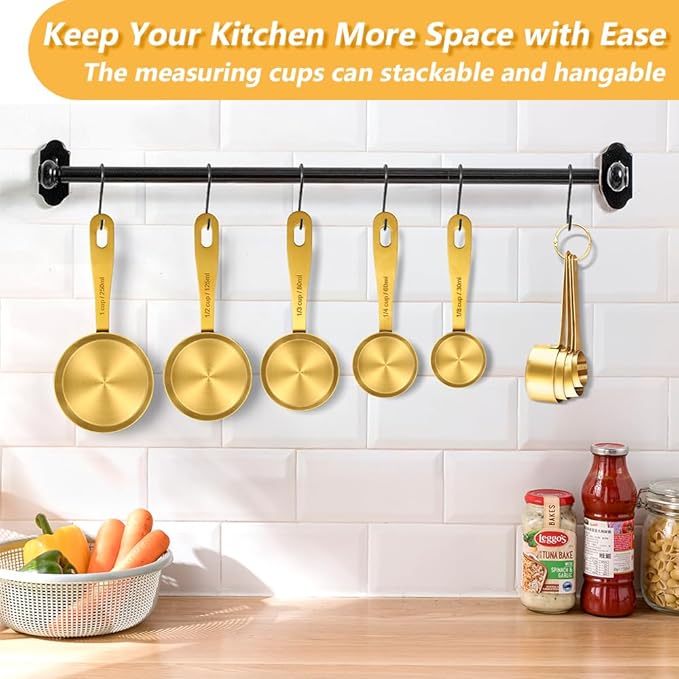 Gold Measuring Cups and Spoons, Set of 9, Including 4 Measuring Spoons, 5 Measuring Cups, Stainless Steel Kitchen Gadgets for Liquid & Dry Ingredients
