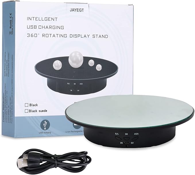 JAYEGT Motorized Rotating Display Stand, 7.87inch /17.6lbs Load, 360 Degree Electric Rotating Turntable for Photography Products, Jewelry, Cake,3D Model , Mirror Cover (Black, 7.87inch/Button Control)